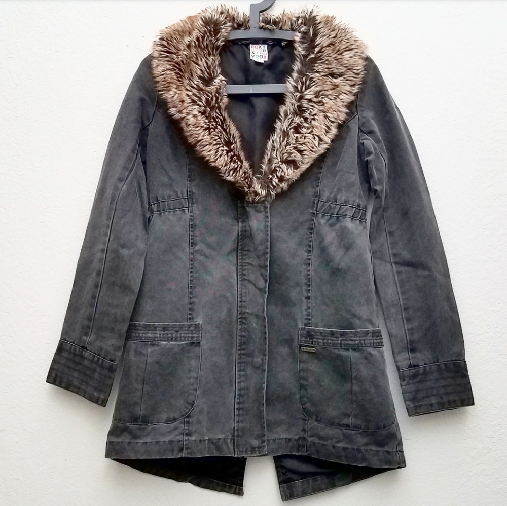 Roxy Faux Fur Collar Long Grey Denim Jacket